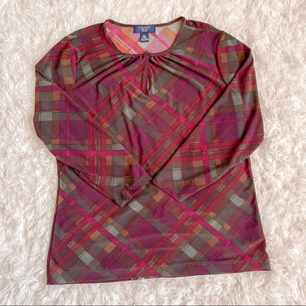 Chaps Burgundy Geometric Print 3/4 Sleeve Top; SZ PL; Great Condition